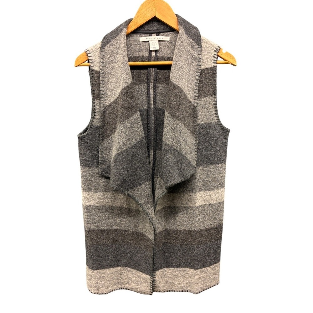 Max Studio Striped Open Front Sweater Vest Womens S Gray Knit Draped Cardigan